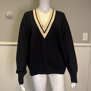 Sandro Black and Cream V-Neck Sweater